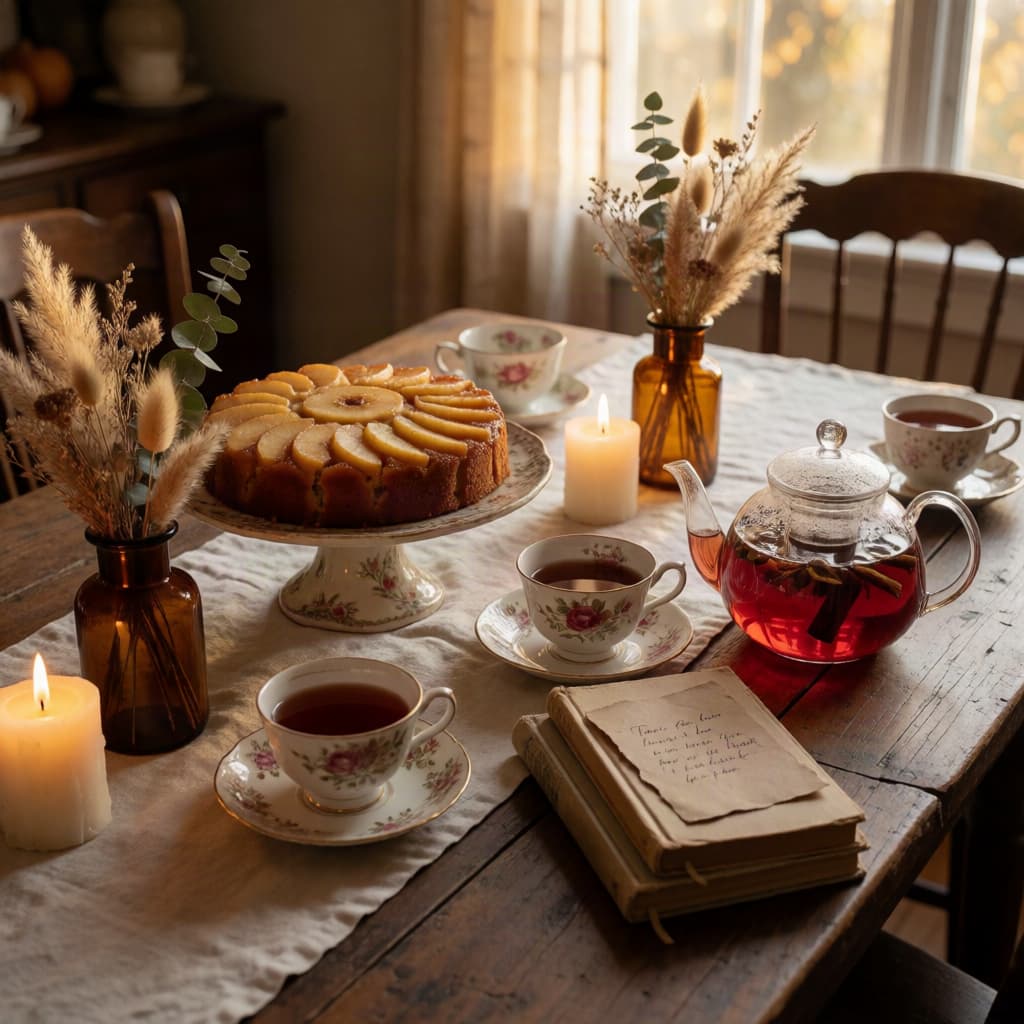 Table de goûter d'automne style cottagecore avec gâteau aux pommes, tasses vintage dépareillées, théière botanique et bougies en cire d'abeille