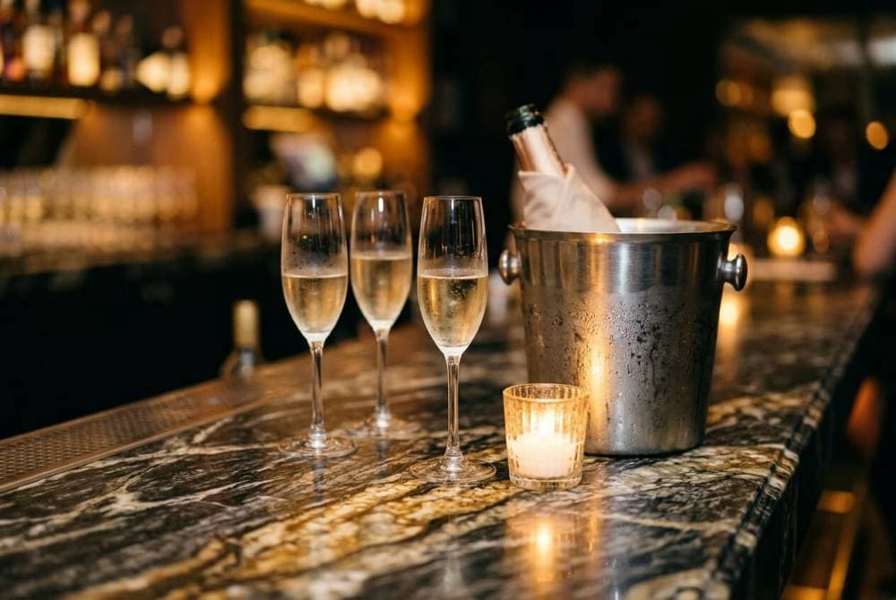 Quel est le prix d'entrée moyen en club échangiste pour un couple en 2026 Détail d'un bar discret avec verres de champagne dans un club nocturne élégant