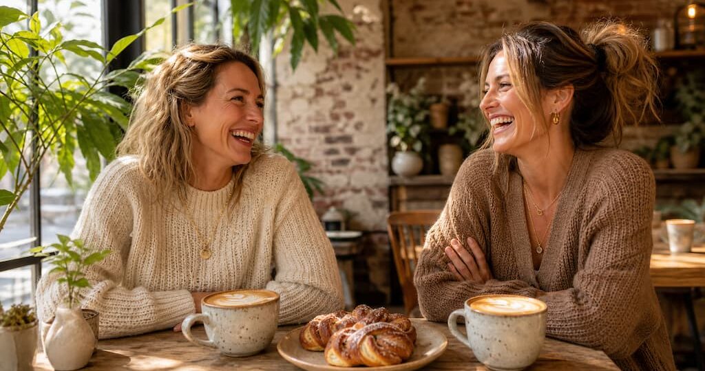 Deux femmes de 40 ans rayonnantes riant ensemble autour d'un grand mug de latte dans un café bohème lumineux