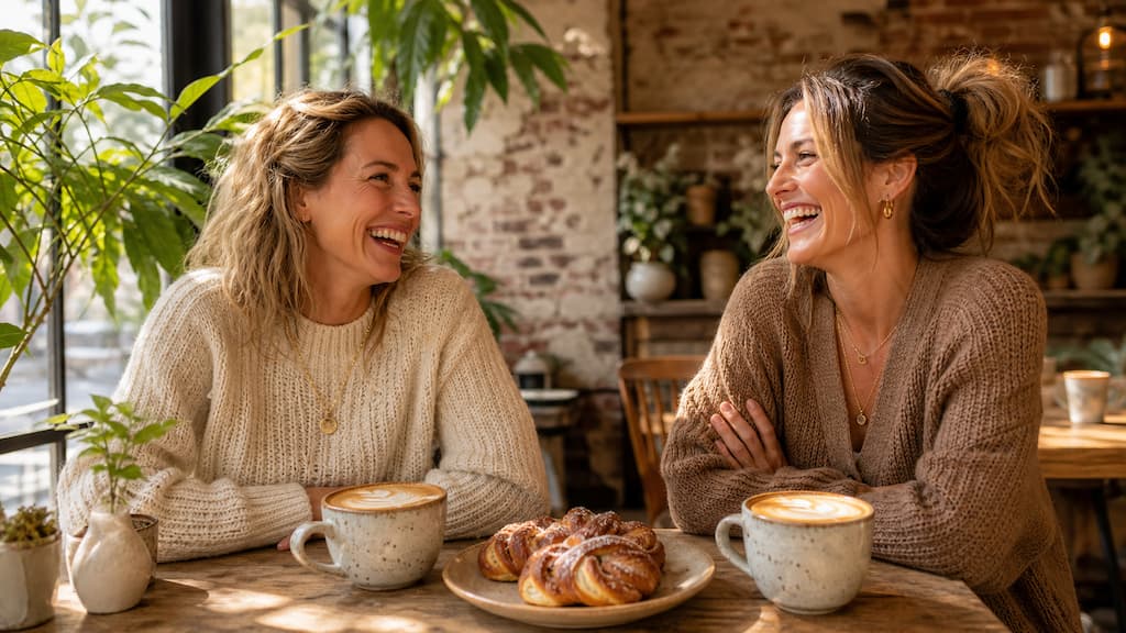 Deux femmes de 40 ans rayonnantes riant ensemble autour d'un grand mug de latte dans un café bohème lumineux